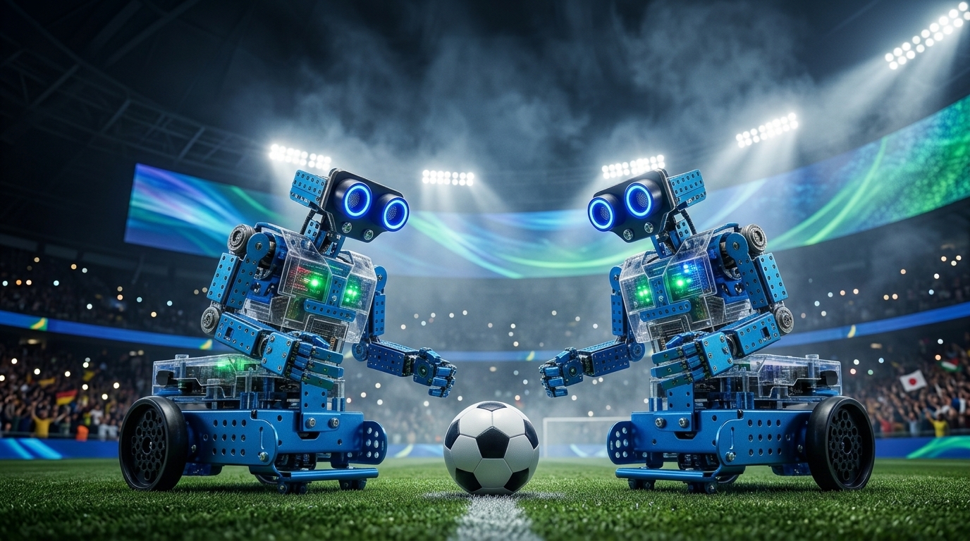 Two robots facing off on the pitch during a live RIFA match